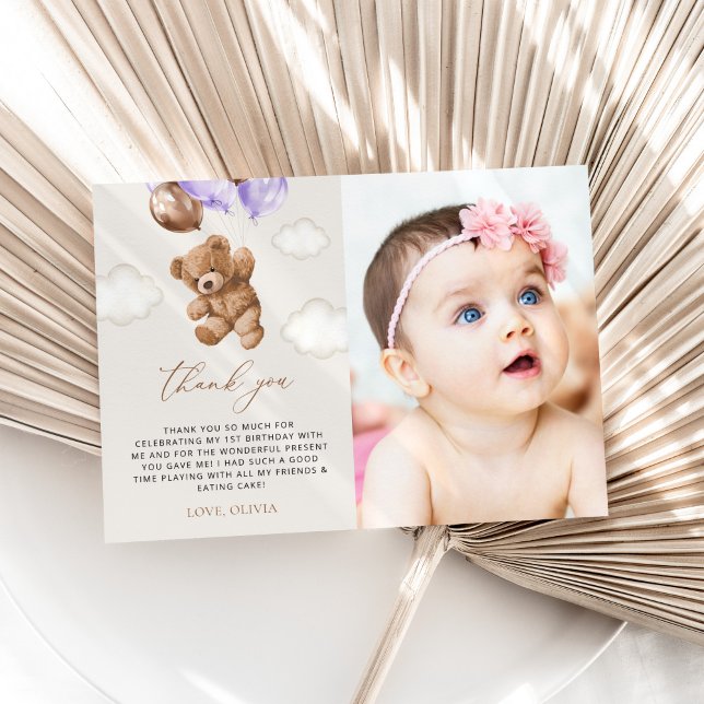 Teddy Bear, Purple Balloons, First Birthday Thank You Card (Creator Uploaded)