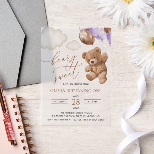 Teddy Bear, Purple Balloons, First Birthday Vellum Invitations (Wedding)