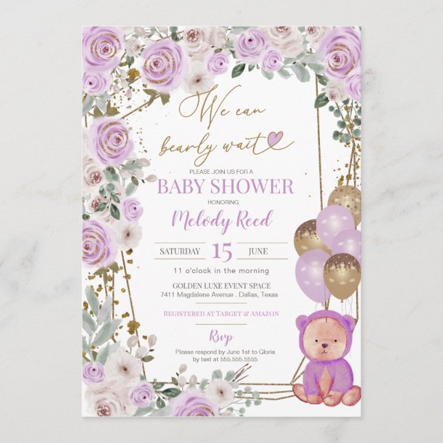 Teddy Bear Purple Floral Balloons Girl Baby Shower Invitation (Front)