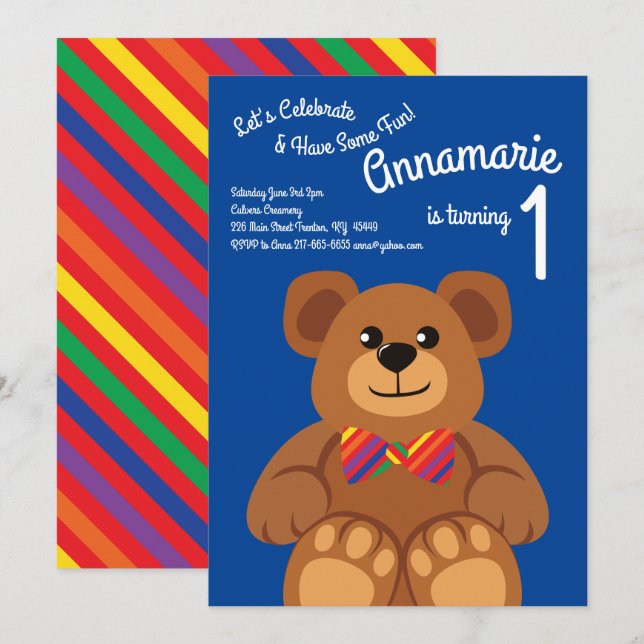 Teddy Bear Rainbow 1st Birthday Cute Invitations (Front/Back)