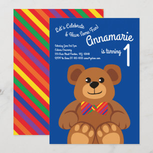 Teddy Bear Rainbow 1st Birthday Cute Invitations