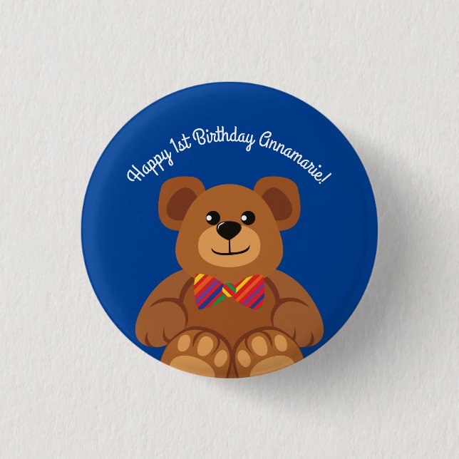 Teddy Bear Rainbow Cute 1st Birthday Party 3 Cm Round Badge (Front)