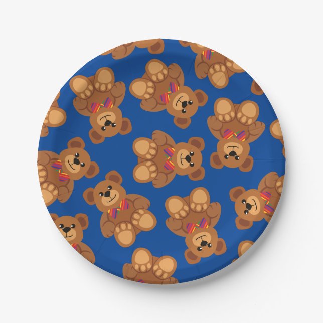Teddy Bear Rainbow Cute 1st Birthday Party Paper Plate (Front)