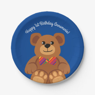 Teddy Bear Rainbow Cute 1st Birthday Party Paper Plate