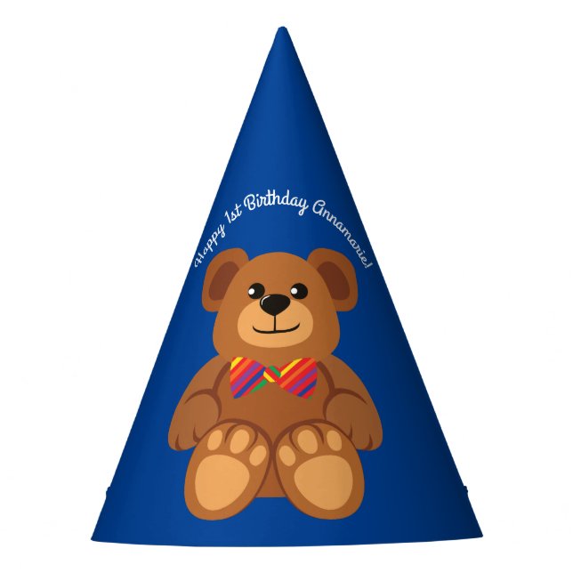 Teddy Bear Rainbow Cute 1st Birthday Party Party Hat (Front)