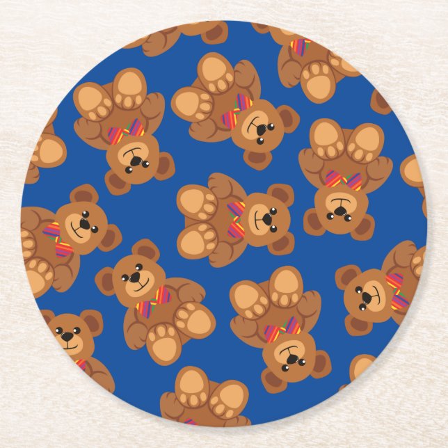 Teddy Bear Rainbow Cute 1st Birthday Party Round Paper Coaster (Front)