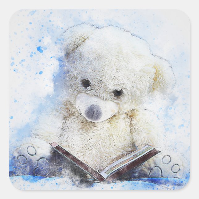 Teddy Bear Reading Classic Square Stickers (Front)