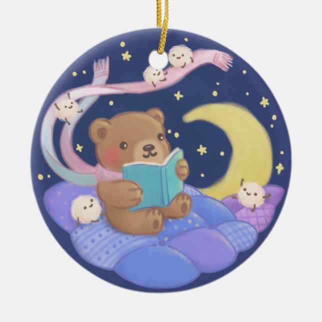 Teddy Bear Reading w/ Fluffy Monsters Illustration Ceramic Tree Decoration (Front)