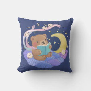 Teddy Bear Reading w/ Fluffy Monsters Illustration Cushion