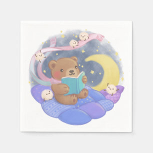 Teddy Bear Reading w/ Fluffy Monsters Illustration Napkin