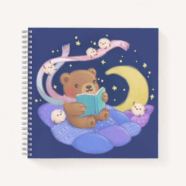 Teddy Bear Reading w/ Fluffy Monsters Illustration Notebook (Front)
