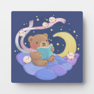 Teddy Bear Reading w/ Fluffy Monsters Illustration Plaque