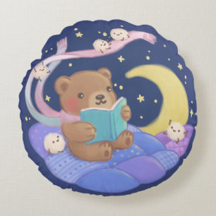 Teddy Bear Reading w/ Fluffy Monsters Illustration Round Cushion