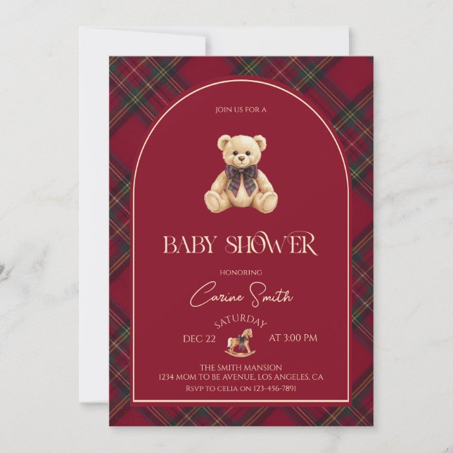 Teddy Bear red Luxury Vintage Baby Shower Invitation (Front)