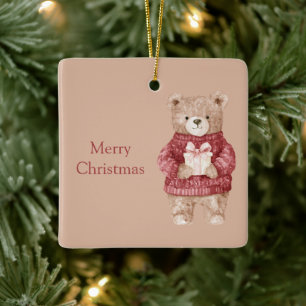 Teddy Bear Red Sweater Christmas Ceramic Ornament