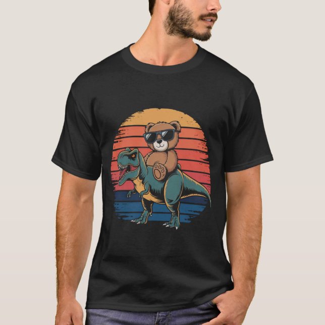 Teddy bear riding a Dinosaur vintage T-Shirt (Front)