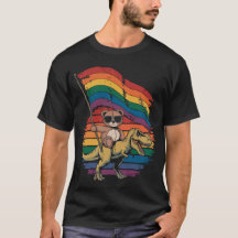 Teddy bear riding dinosaur waving rainbow flag