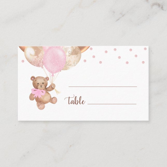 Teddy Bear Rose Gold Balloons Baby Shower  Place Card (Front)