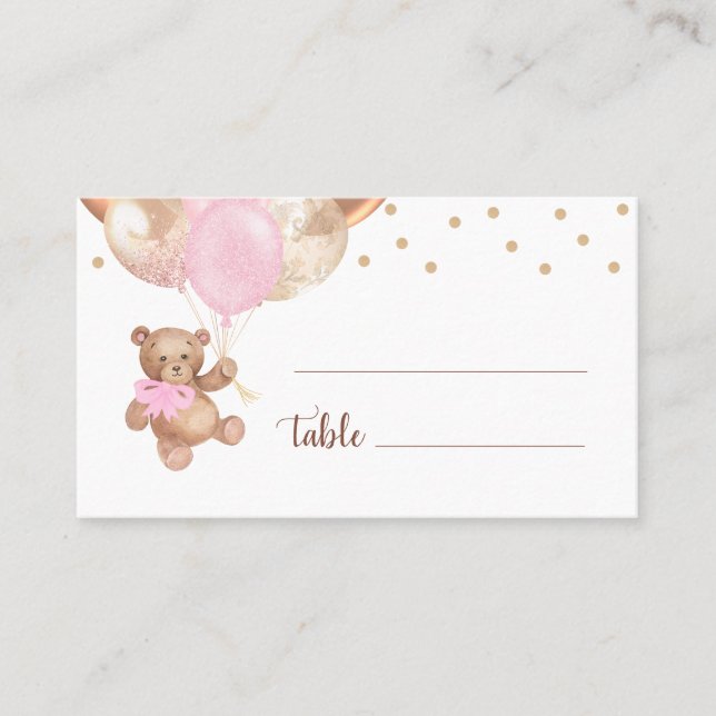 Teddy Bear Rose Gold Balloons Baby Shower Place Card (Front)