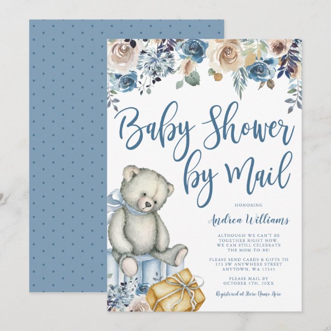 Teddy Bear Rustic Floral Boy Baby Shower by Mail Invitation (Front/Back)