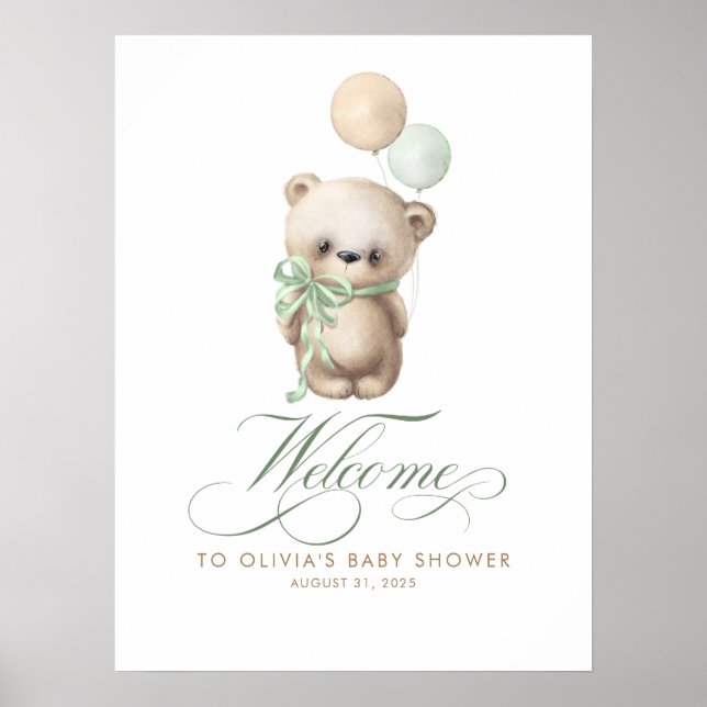 Teddy Bear Sage Baby Shower Welcome Sign (Front)