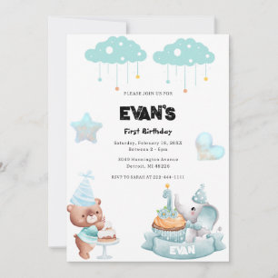 Teddy Bear Sage Bue Beary First Birthday  Invitation