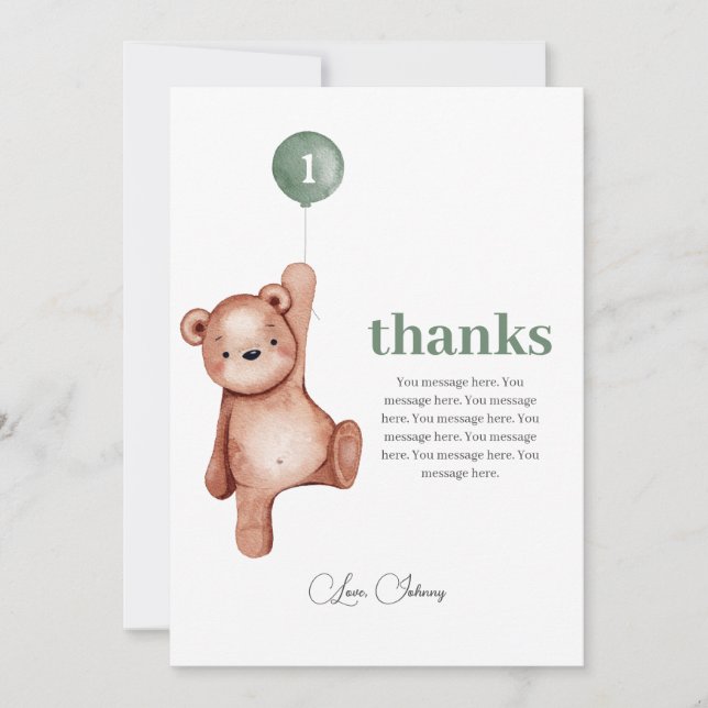 Teddy Bear Sage Gree First Birthday Thank You Card (Front)