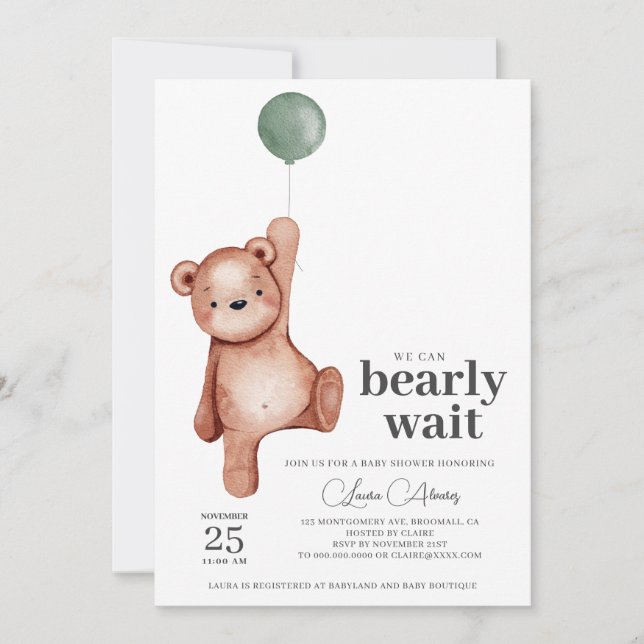 Teddy Bear Sage Green Baby Shower Invitation (Front)
