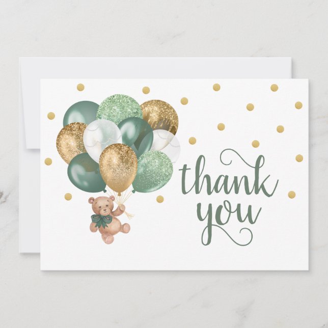 Teddy Bear Sage Green Baby Shower Thank You Card (Front)