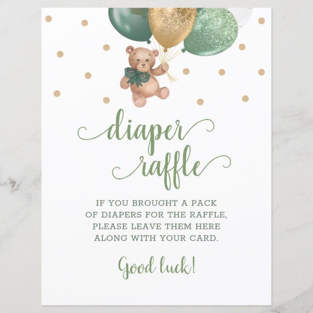 Teddy Bear Sage Green Diaper Raffle Game (Front)