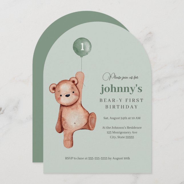 Teddy Bear Sage Green First Birthday Party Invitation (Front/Back)