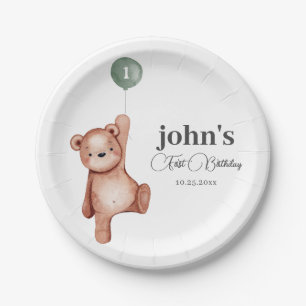 Teddy Bear Sage Green First Birthday Party Paper Plate