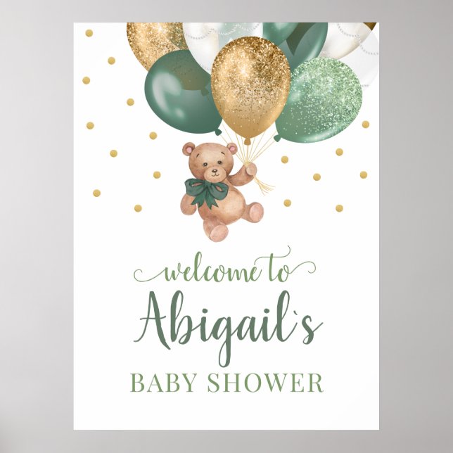 Teddy Bear Sage Green Welcome Baby Shower  Poster (Front)