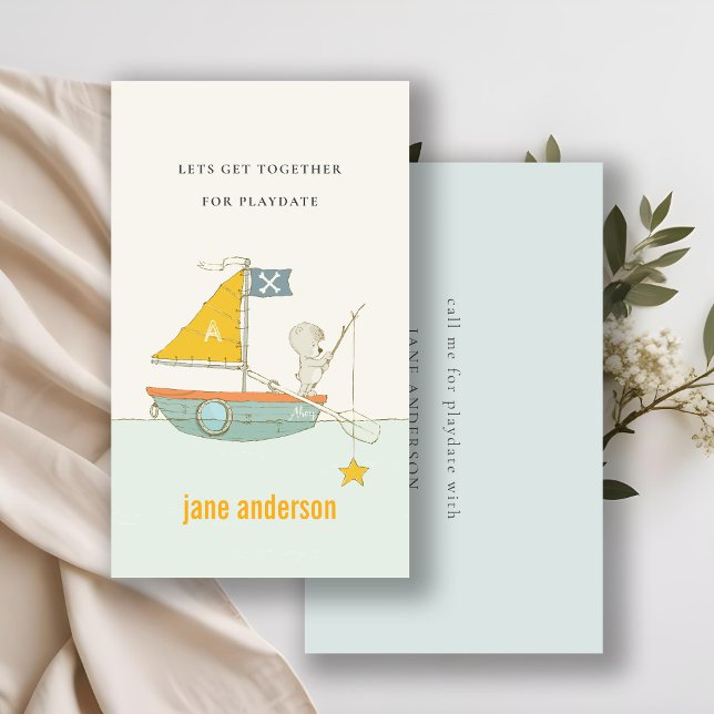 Teddy Bear Sailboat Monogram Kid Playdate Calling Business Card (Creator Uploaded)