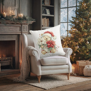 Teddy bear Santa Claus with Christmas flowers Cushion