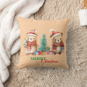 Teddy Bear Santa Red Green Merry Christmas Party Cushion