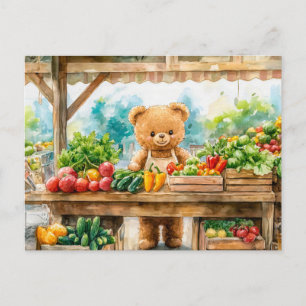 Teddy Bear Selling Fruit at Farmers Market Postcard