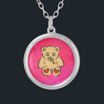 Teddy Bear Silver Plated Necklace<br><div class="desc">Adorable teddy bear graphic. This cute and loveable bear has hearts on the soles of his feet as well as on his chest where his real heart would be. His eyes look a little bit sad. Awwwww. Background is a swirling pink watercolor design.</div>