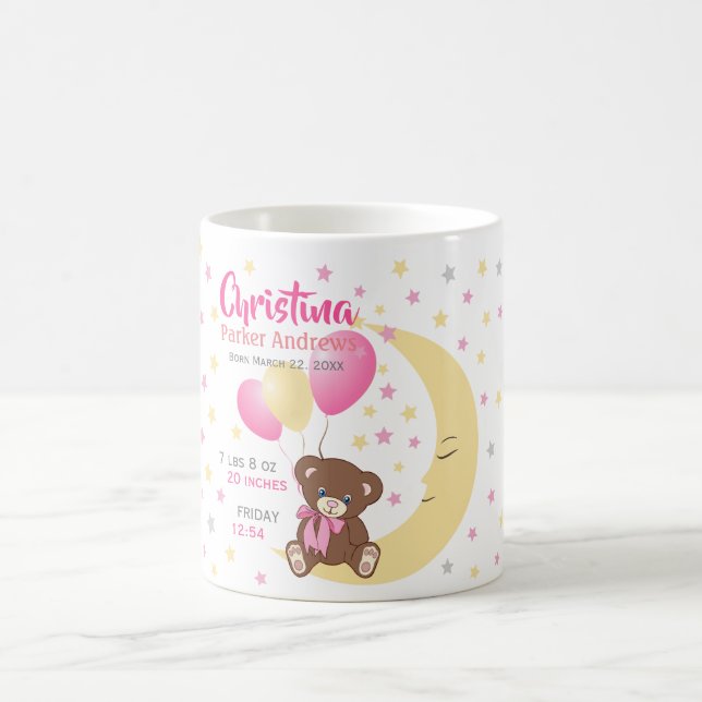 Teddy Bear Sitting on the Moon Baby Birth Stats Coffee Mug (Center)