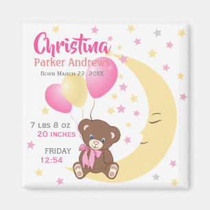 Teddy Bear Sitting on the Moon Baby Birth Stats Magnet