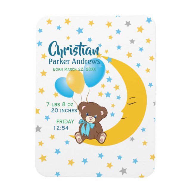 Teddy Bear Sitting on the Moon Baby Birth Stats Magnet (Vertical)