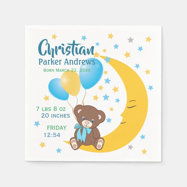 Teddy Bear Sitting on the Moon Baby Birth Stats Napkin (Front)