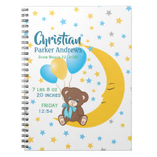 Teddy Bear Sitting on the Moon Baby Birth Stats Notebook