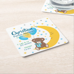 Teddy Bear Sitting on the Moon Baby Birth Stats Square Paper Coaster