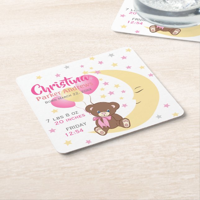 Teddy Bear Sitting on the Moon Baby Birth Stats Square Paper Coaster (Angled)