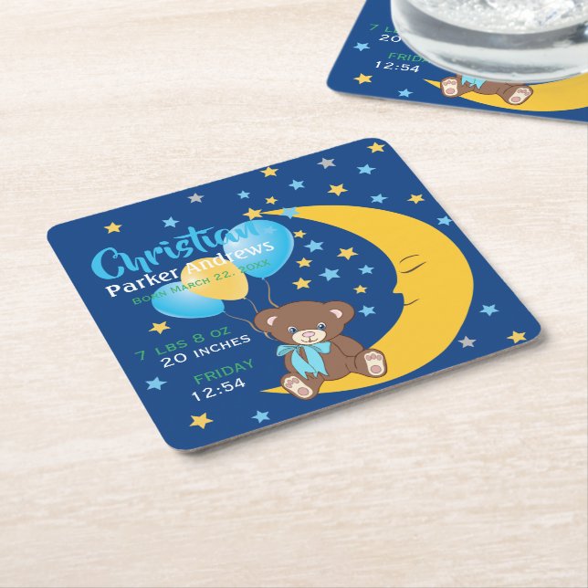Teddy Bear Sitting on the Moon Baby Birth Stats Square Paper Coaster (Angled)