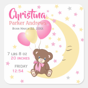 Teddy Bear Sitting on the Moon Baby Birth Stats Square Sticker