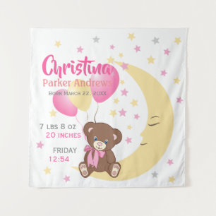 Teddy Bear Sitting on the Moon Baby Birth Stats Tapestry