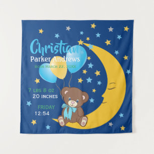 Teddy Bear Sitting on the Moon Baby Birth Stats Tapestry