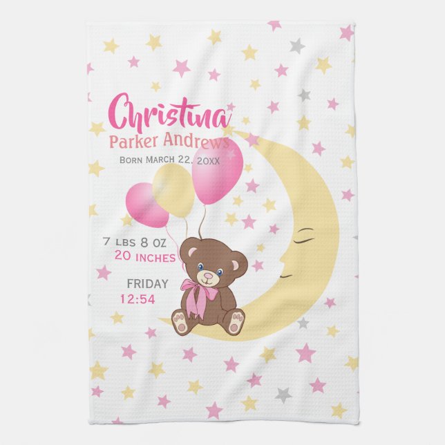 Teddy Bear Sitting on the Moon Baby Birth Stats Tea Towel (Vertical)